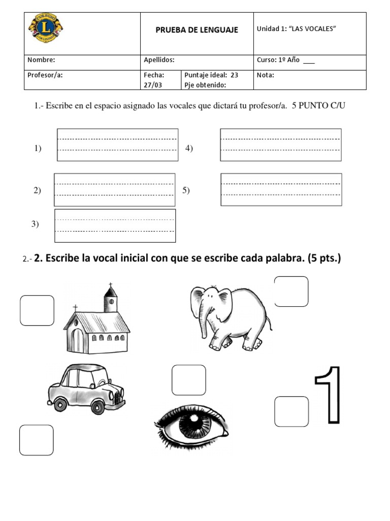 Prueba Las Vocales | PDF | Artes del Lenguaje y Comunicación | Arte