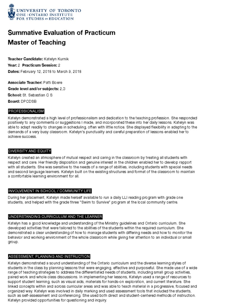 Summative Evaluation of Practicum Master of Teaching Professionalism