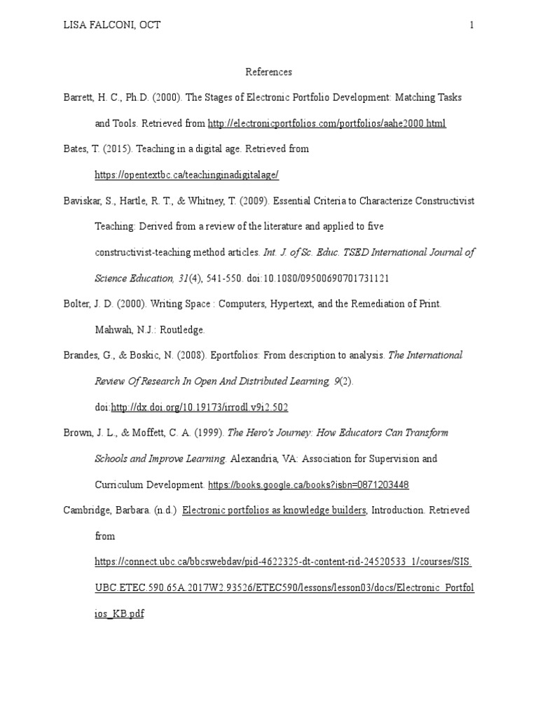 portfolio references Constructivism (Philosophy Of Education