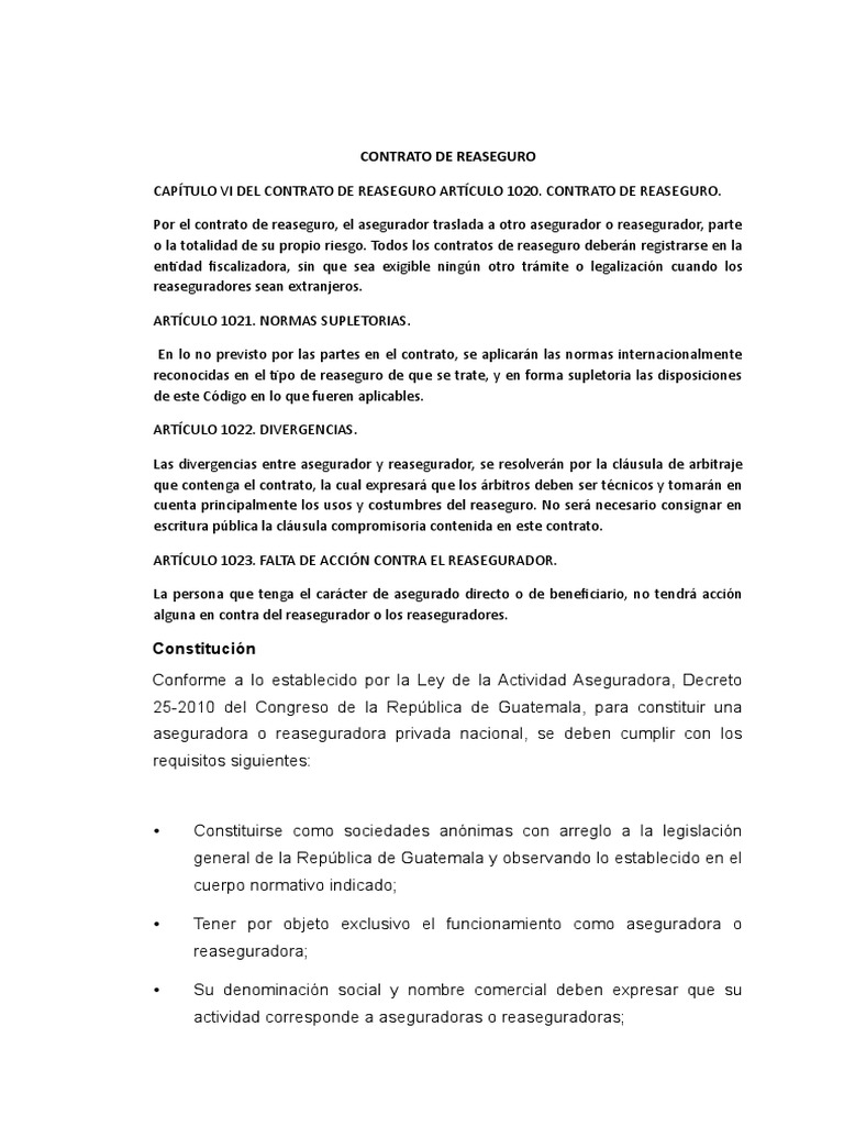 Contrato de Reaseguro en Guatemala | PDF | Póliza de seguros | Seguro