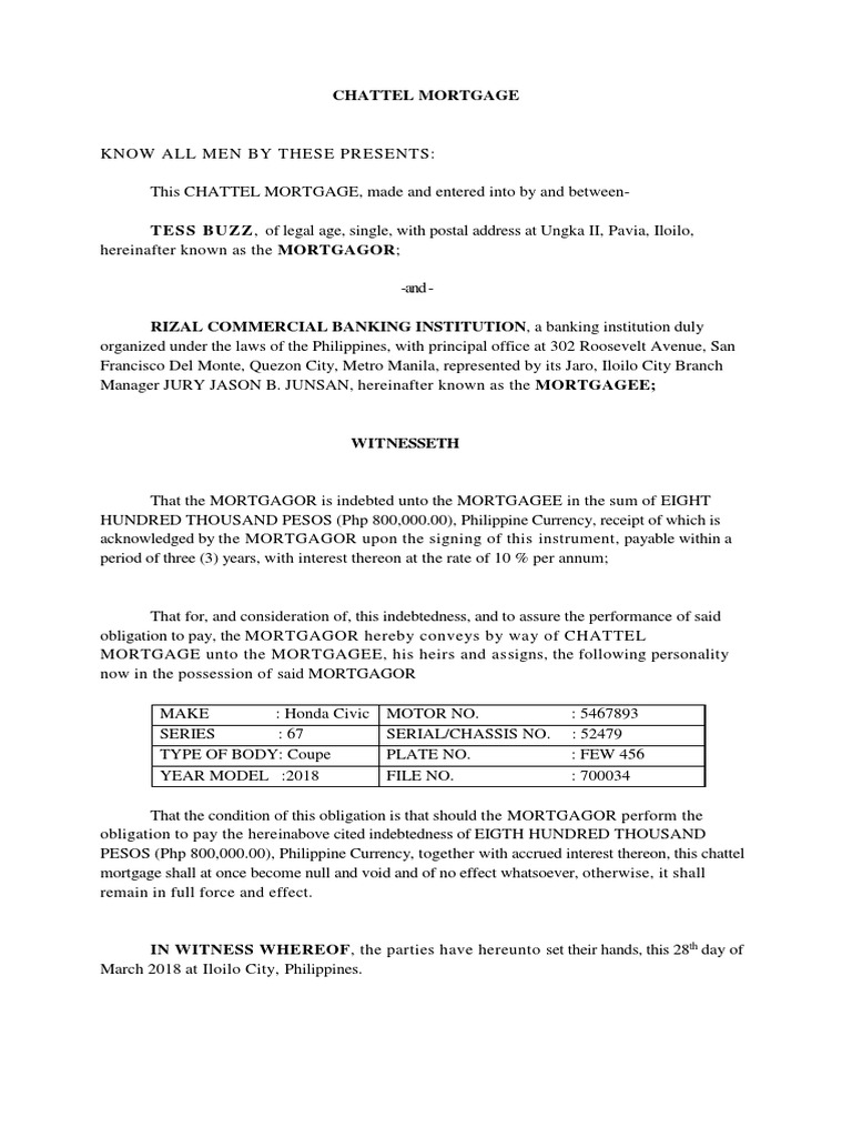 Chattel Mortgage W Affidavit of Good Faith PDF Mortgage Law Private Law