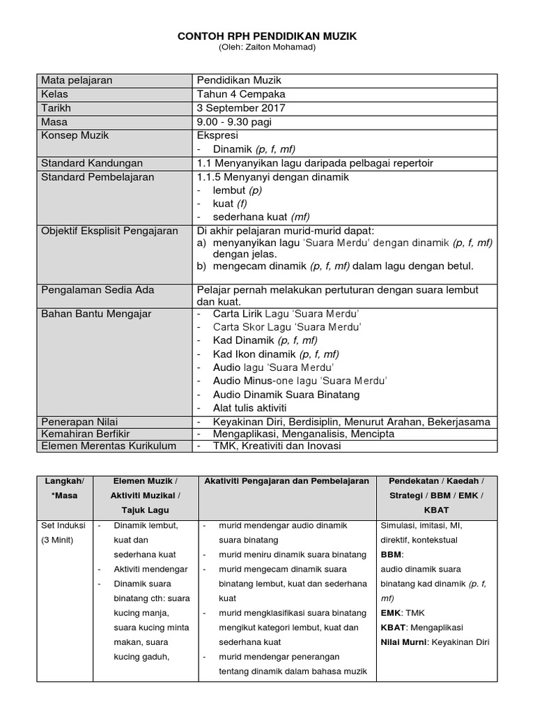 Contoh RPH Pendidikan Muzik Ok | PDF
