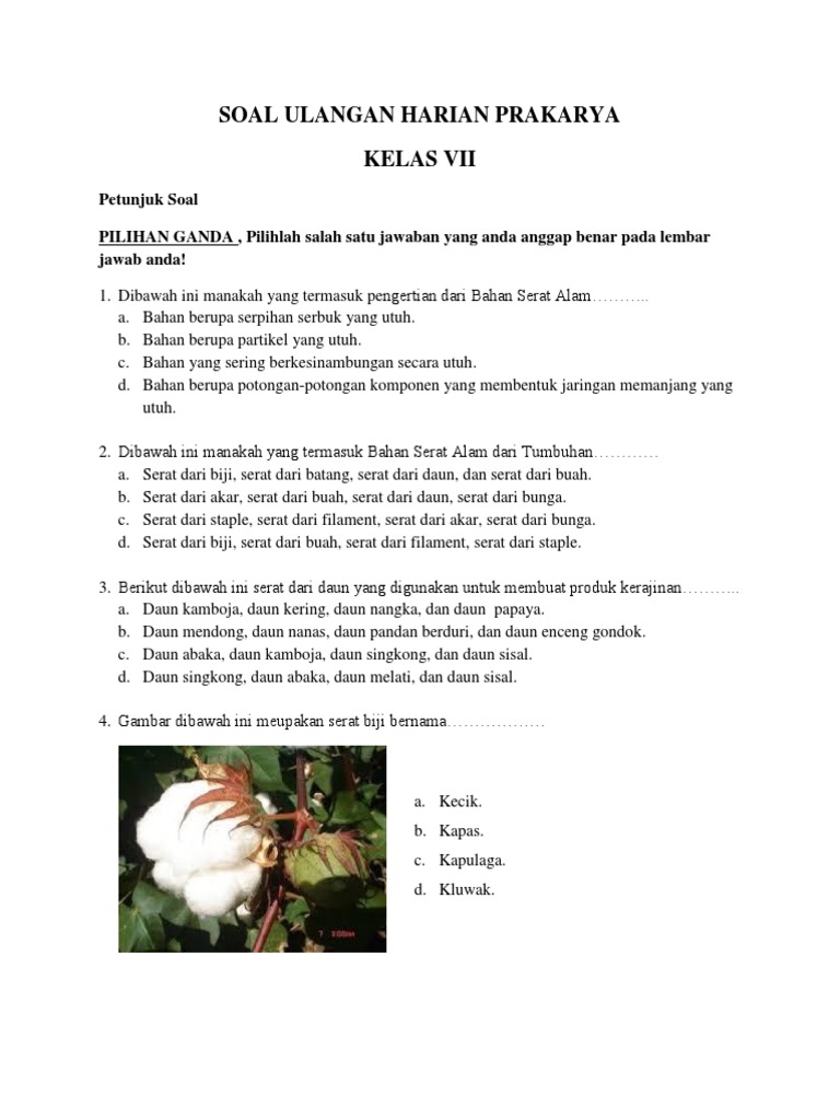 Soal Ulangan Harian Prakarya Kelas Vii