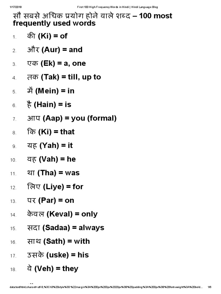 First 100 High Frequency Words in Hindi _ Hindi Language Blog Languages Of India