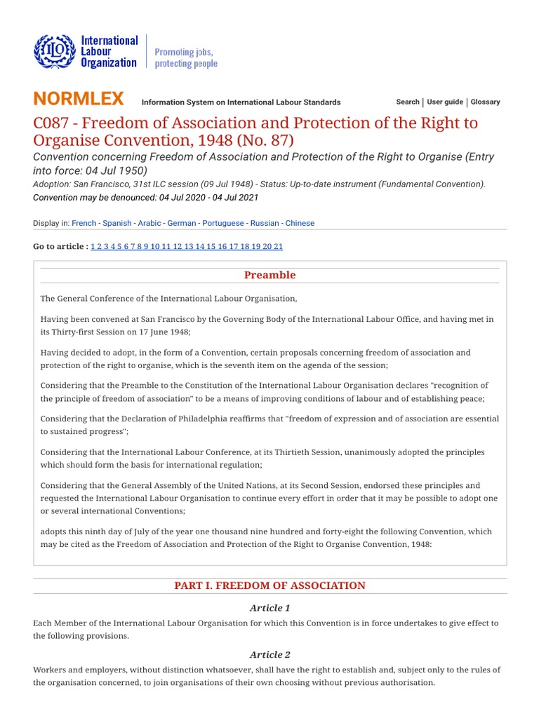 Convention C087 Freedom of Association and Protection of The Right To