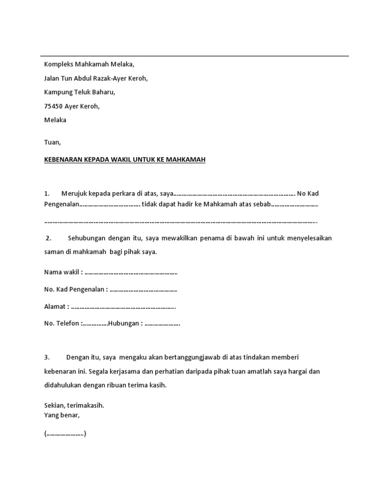 Surat Wakil Ke Mahkamah
