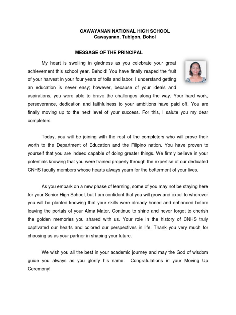 Message Of The Principal 2017 Moving Up