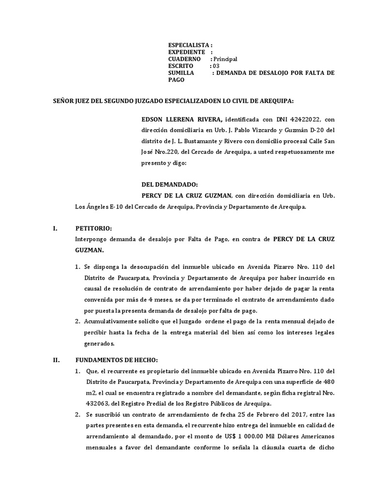 Desalojo-Por-falta de Pago | PDF | Demanda judicial | Ley común