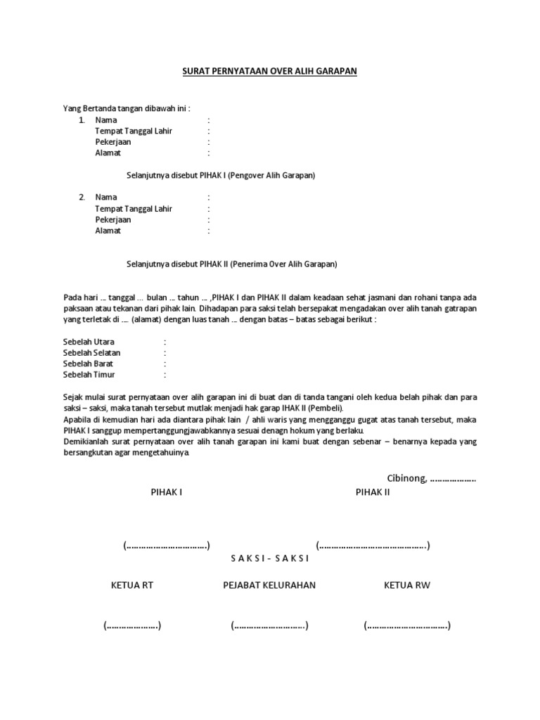 Surat Pernyataan Over Alih Garapan