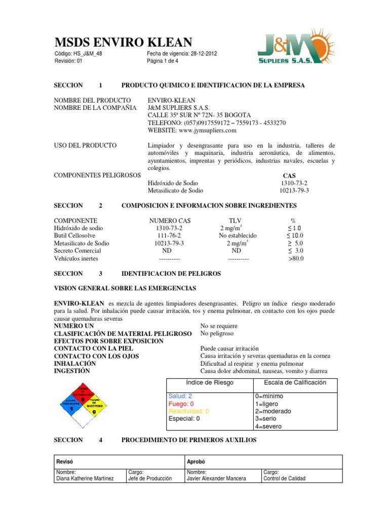 Hoja de Seguridad EnviroKlean PDF Agua Residuos