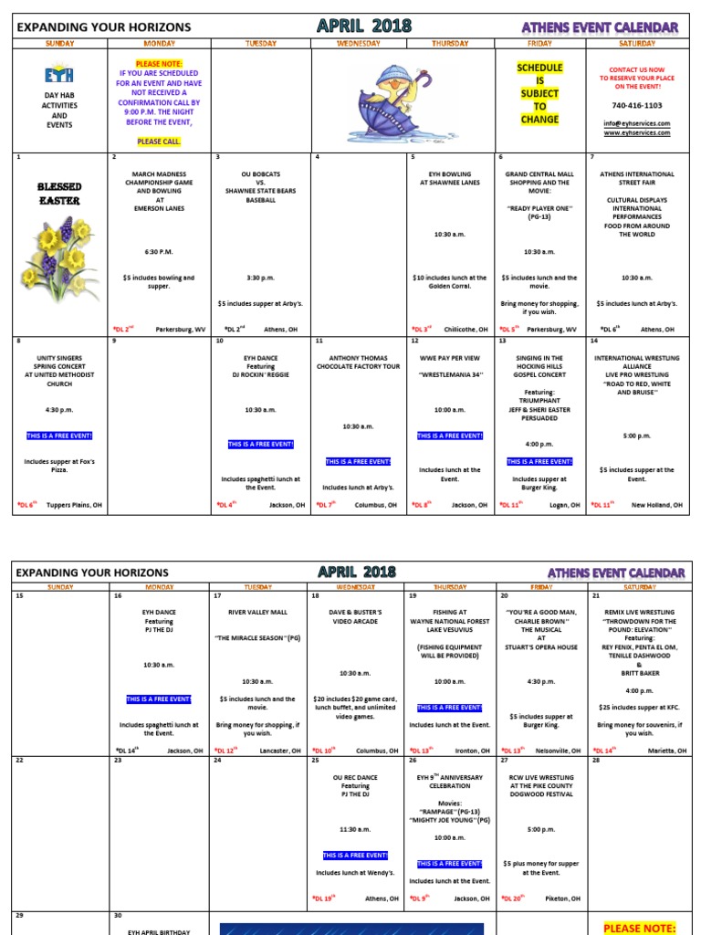 April 2018 Athens Event Calendar PDF Professional Wrestling Wwe