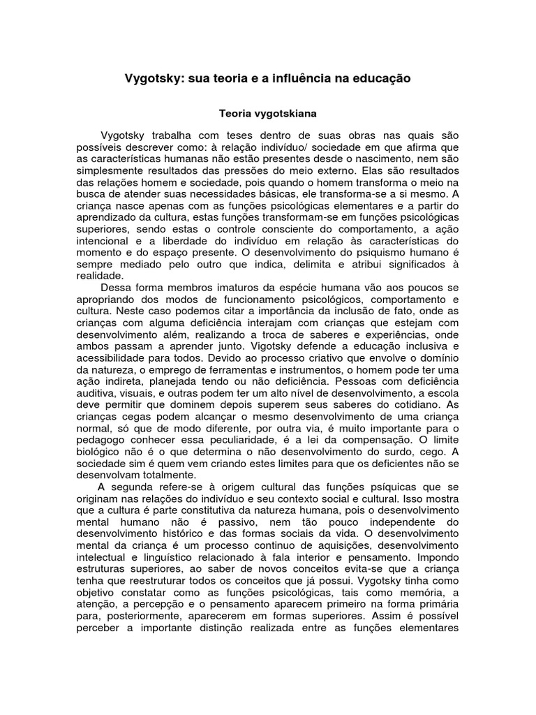Teoria Vygotskiana na Educação Inclusiva | PDF | Aprendizado | Humano