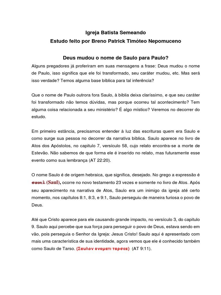 Deus Mudou o Nome de Saulo para Paulo | PDF | Apóstolo Paulo | Bíblia