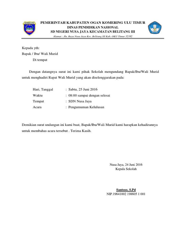 Surat Undangan Rapat Wali Murid | PDF