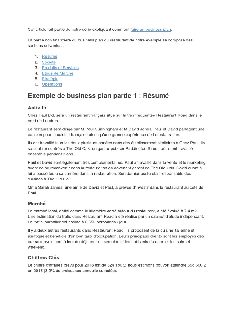 exemple de business plan pour restaurant pdf