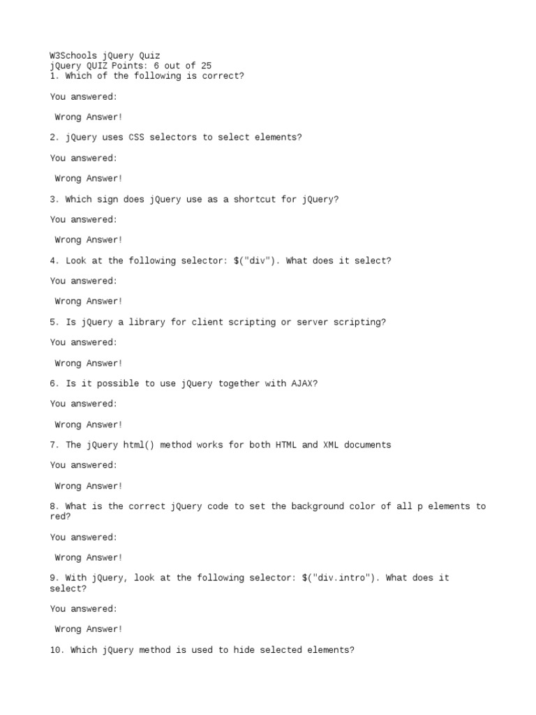 W3schools jquery quiz pdf j query areas of computer science