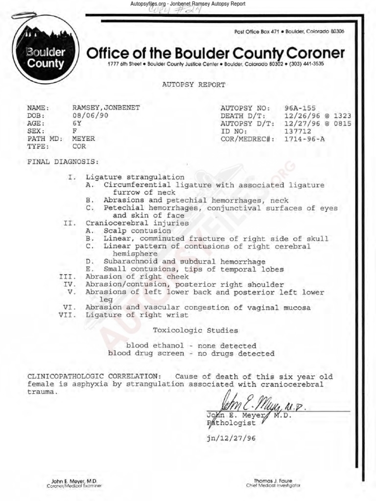 Ramsey Autopsy Report Summary PDF Law