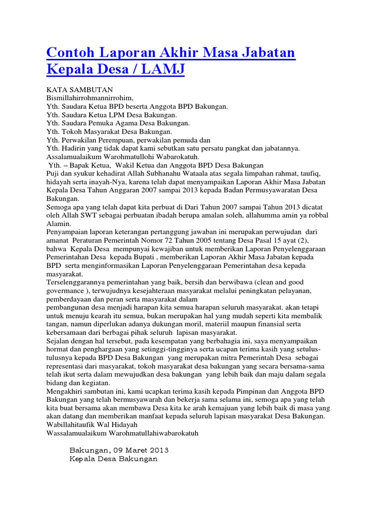 Contoh Laporan Akhir Masa Jabatan Kepala Desa