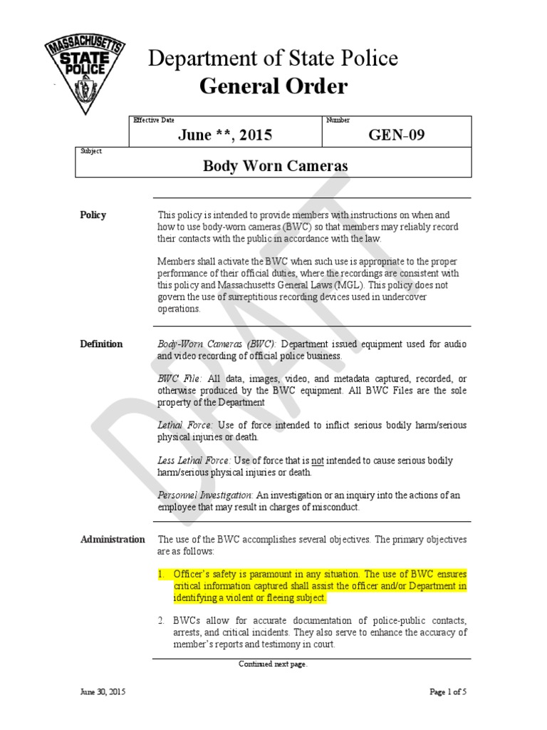 Massachusetts State Police Proposed Body Worn Cameras Policy PDF