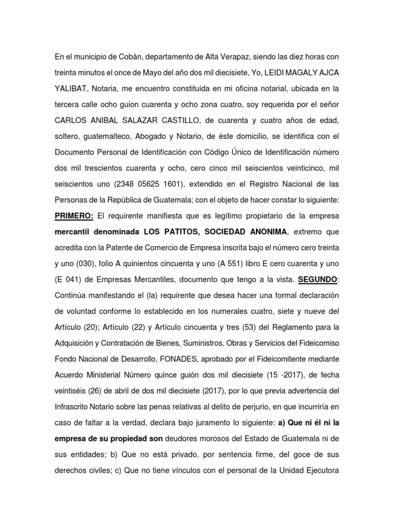 Acta Notarial de No Ser Deudor Moroso Del Estado para Una Licitacion PDF Ley de