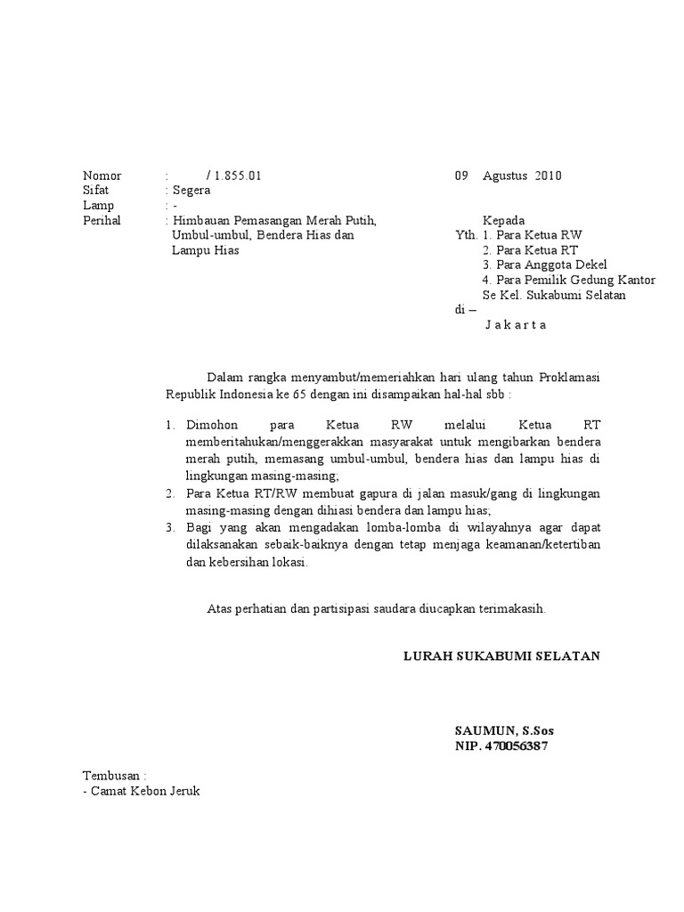 Contoh Surat Himbauan Pemasangan Bendera