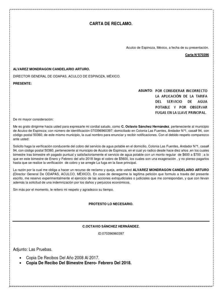 Reclamo por Cobro Excesivo de Agua | PDF | Gobierno