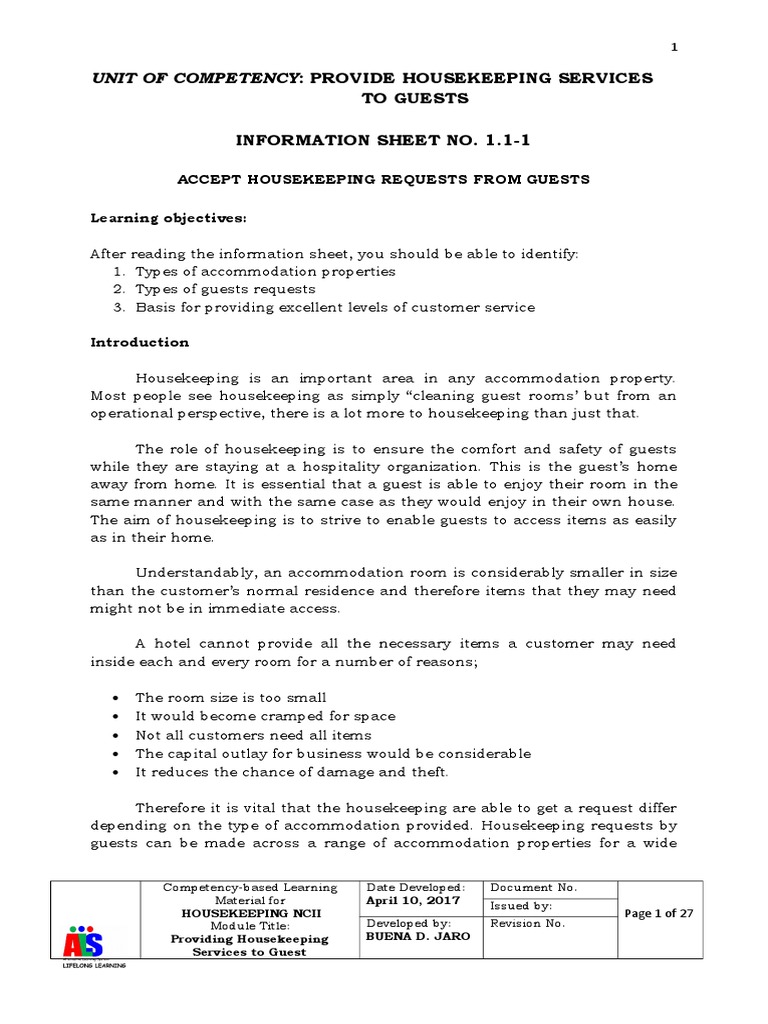 Providing Housekeeping Services To Guests | PDF | Resort | Hostel