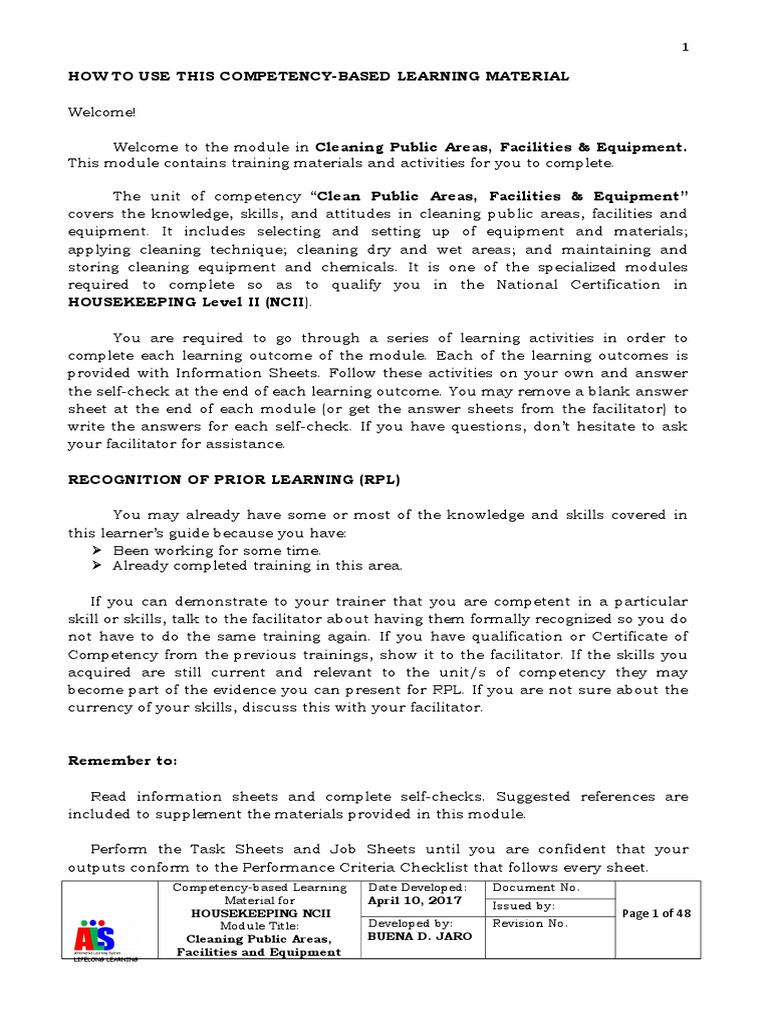 Clean Public Areas Facilities And Equipment Module