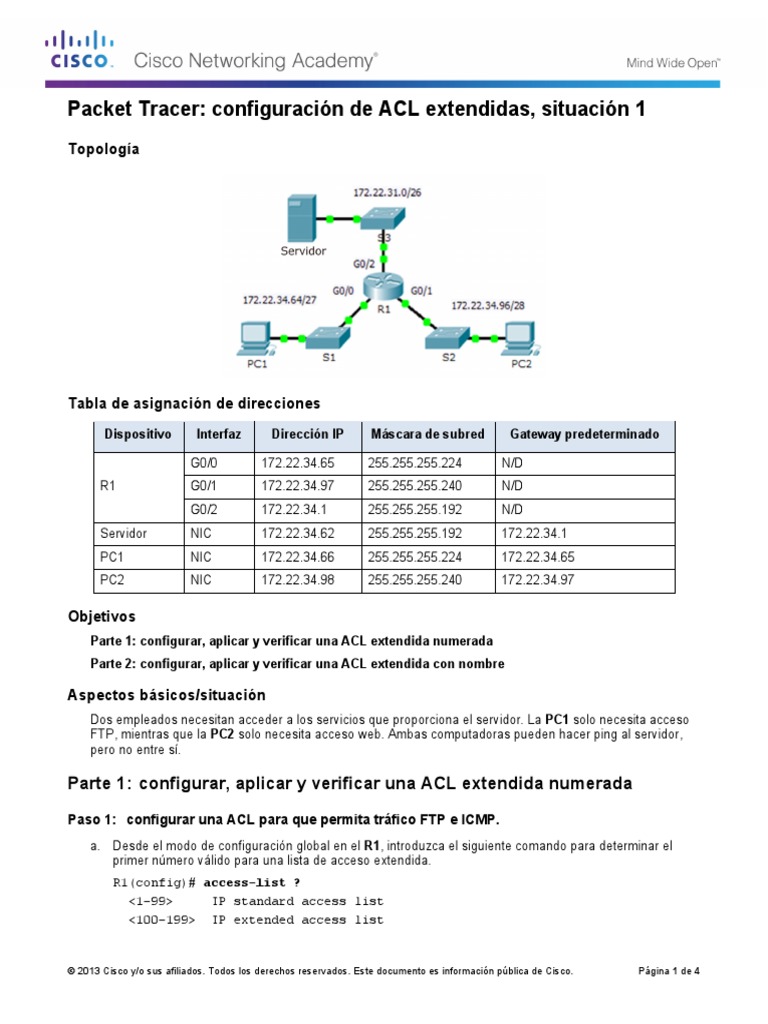 4.2.2.10 Packet Tracer - Configuring Extended ACLs Scenario 1 | PDF ...