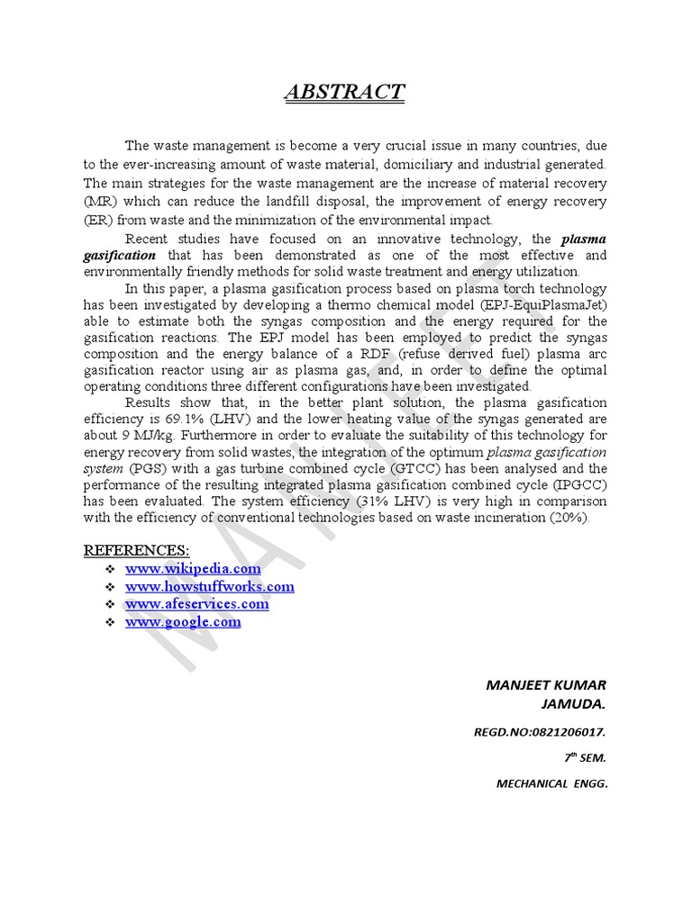Plasma Gasification for Waste Energy Recovery | PDF