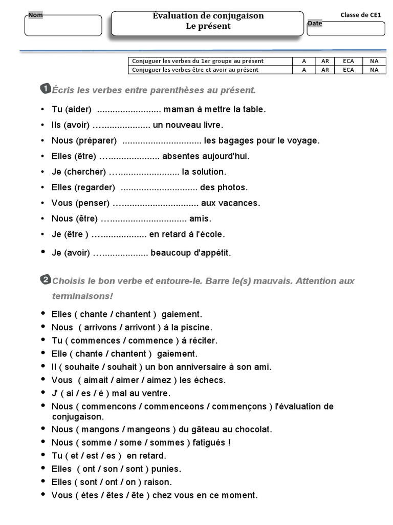 Exercices Conjugaison Ce1 à Imprimer Evaluation CE1 Present | PDF | Onomastique | Règles