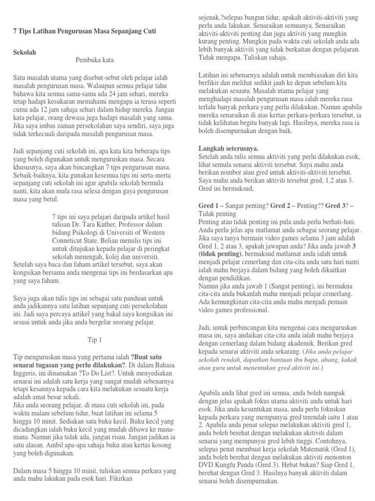 7 Tips Latihan Pengurusan Masa Sepanjang Cuti Sekolah Pdf