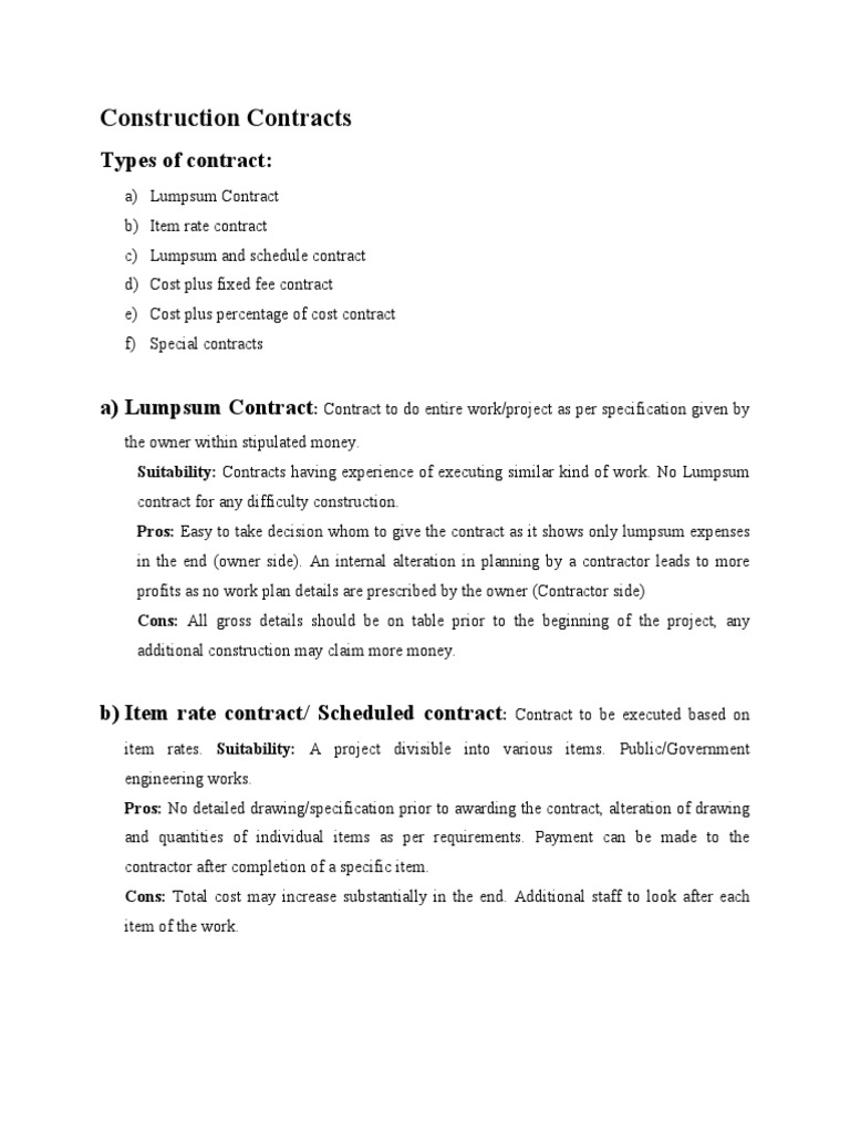 Construction Contracts Types of contract Specification (Technical