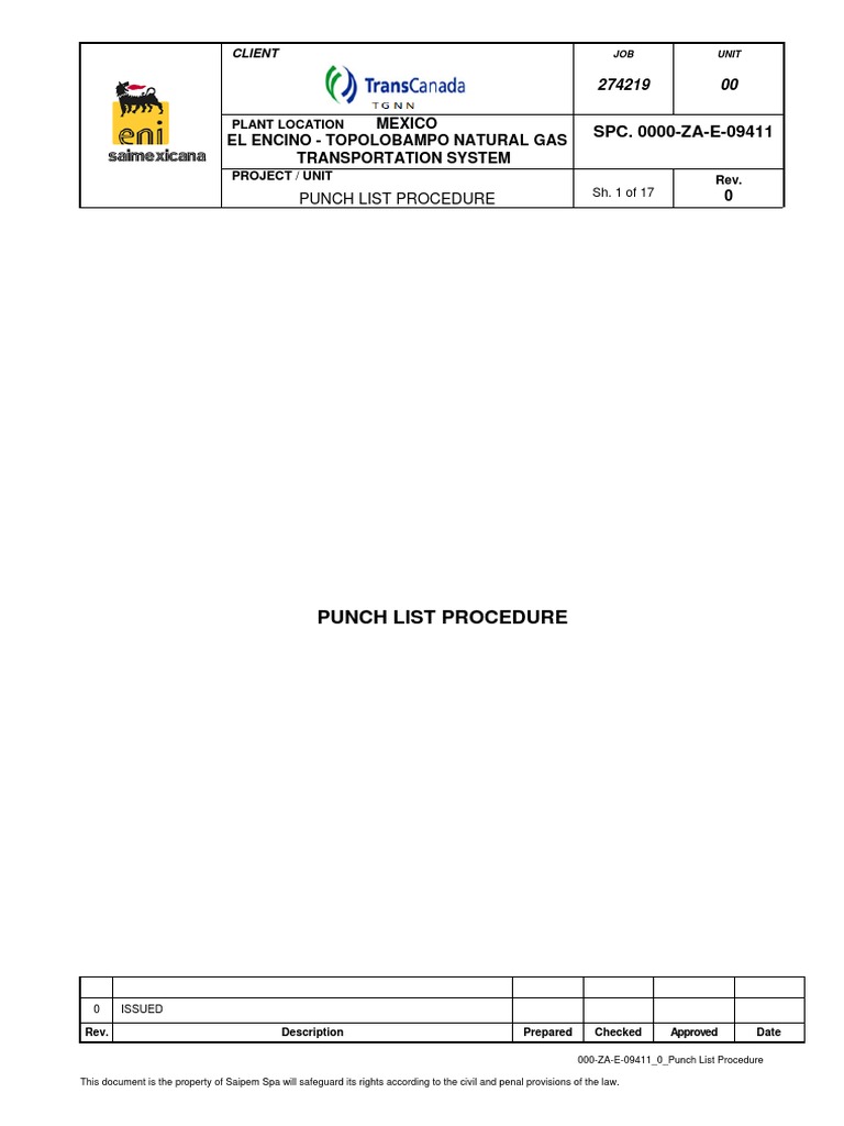 000 ZA E 09411 Punch List Procedure | PDF | Specification (Technical ...