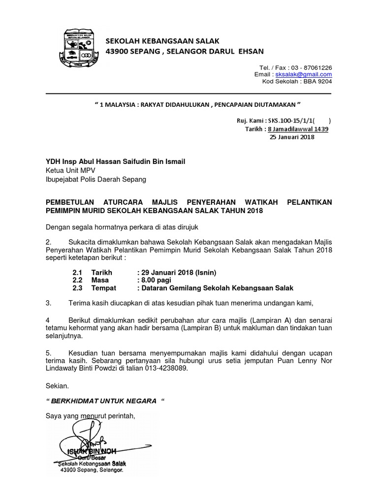 Surat Memaklumkan Perubahan Masa Kepada Perasmi Majlis