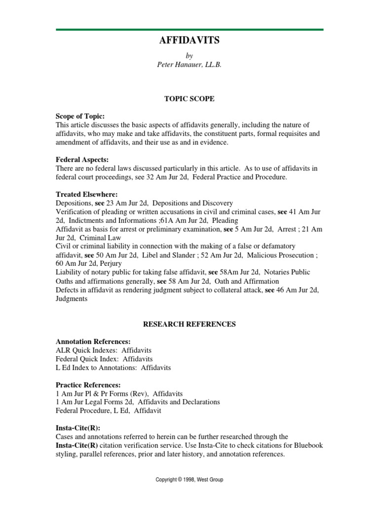 Affidavits By Peter Hanauer Ll B Affidavit Deposition Law