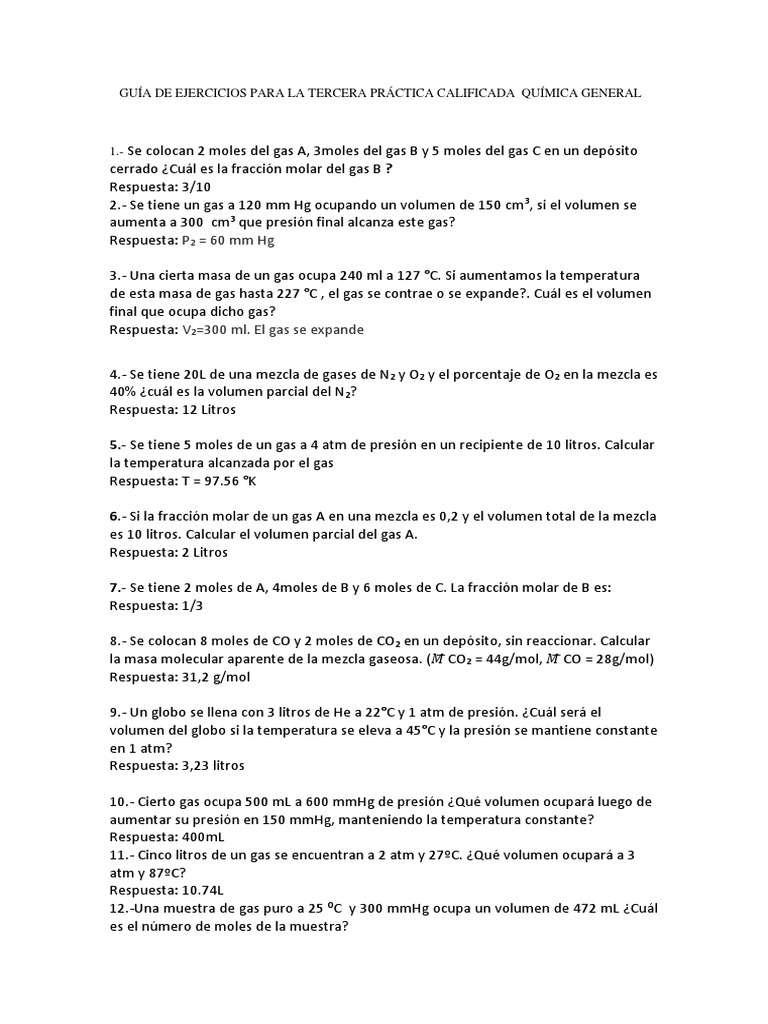 Guia Ejercicios 3 Práctica QG PDF | PDF | Gases | Mole (Unidad)
