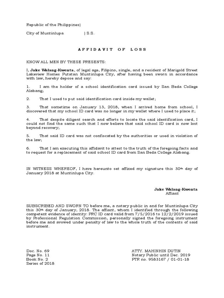 Affidavit of loss school id card