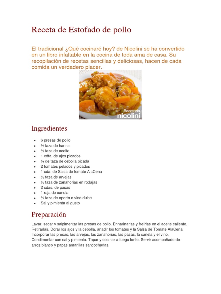 Receta de Estofado de Pollo | PDF