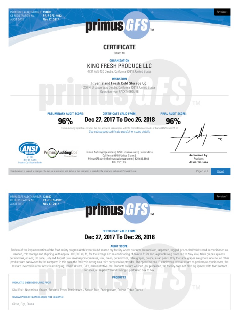Certificate King Fresh Produce LLC PDF Audit Foods