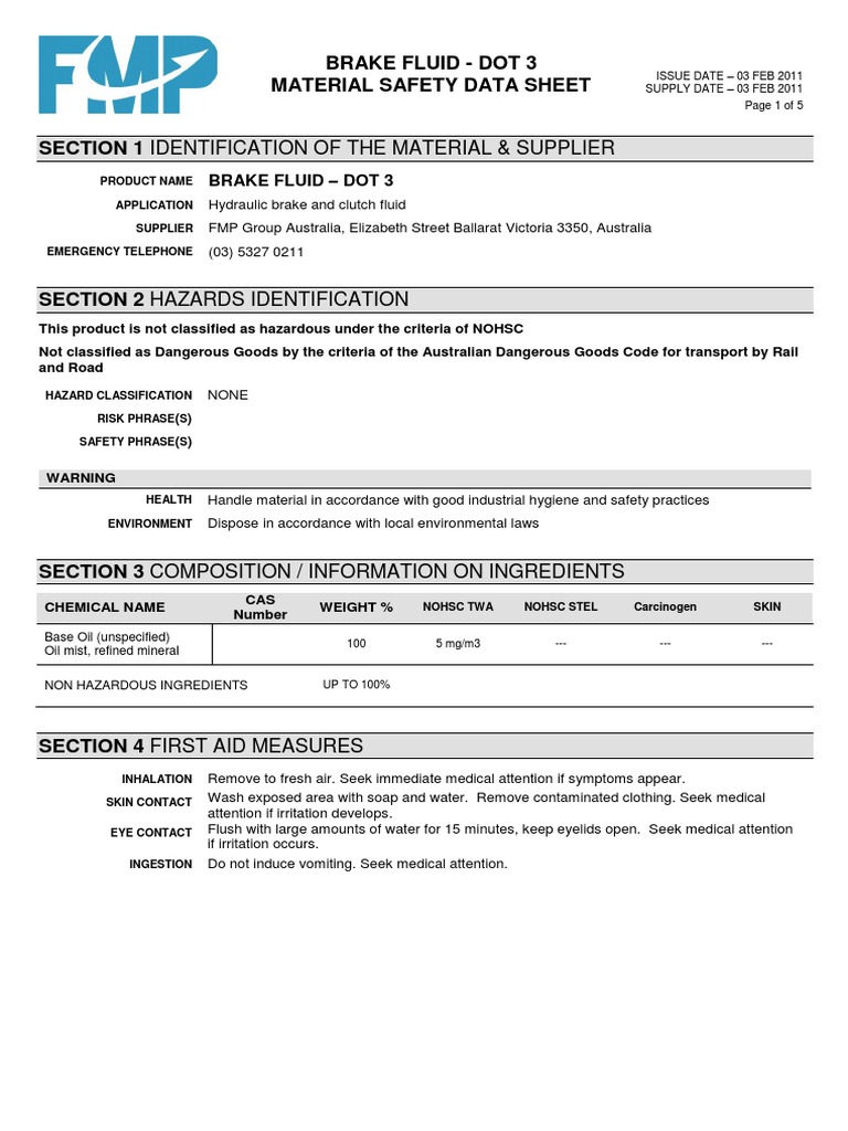 Bendix Dot.3 Brake FluidMSDS PDF Personal Protective Equipment