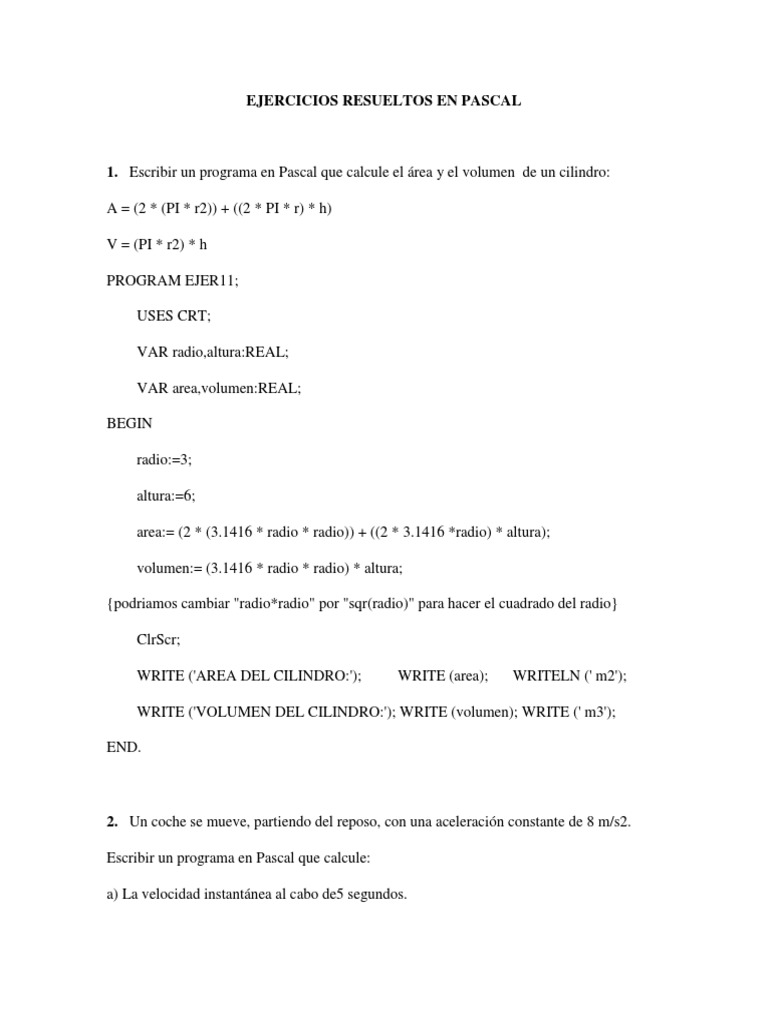 Ejercicios Resueltos en Pascal | PDF | Aceleración | Velocidad