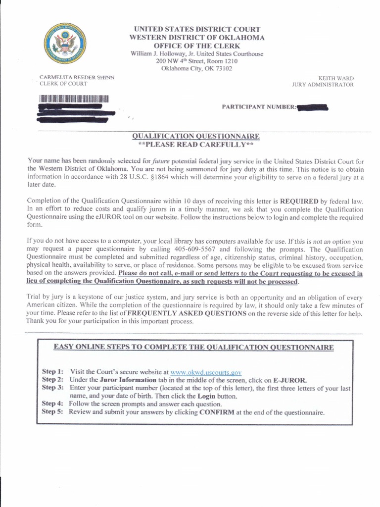 Federal Jury Duty Questionnaire