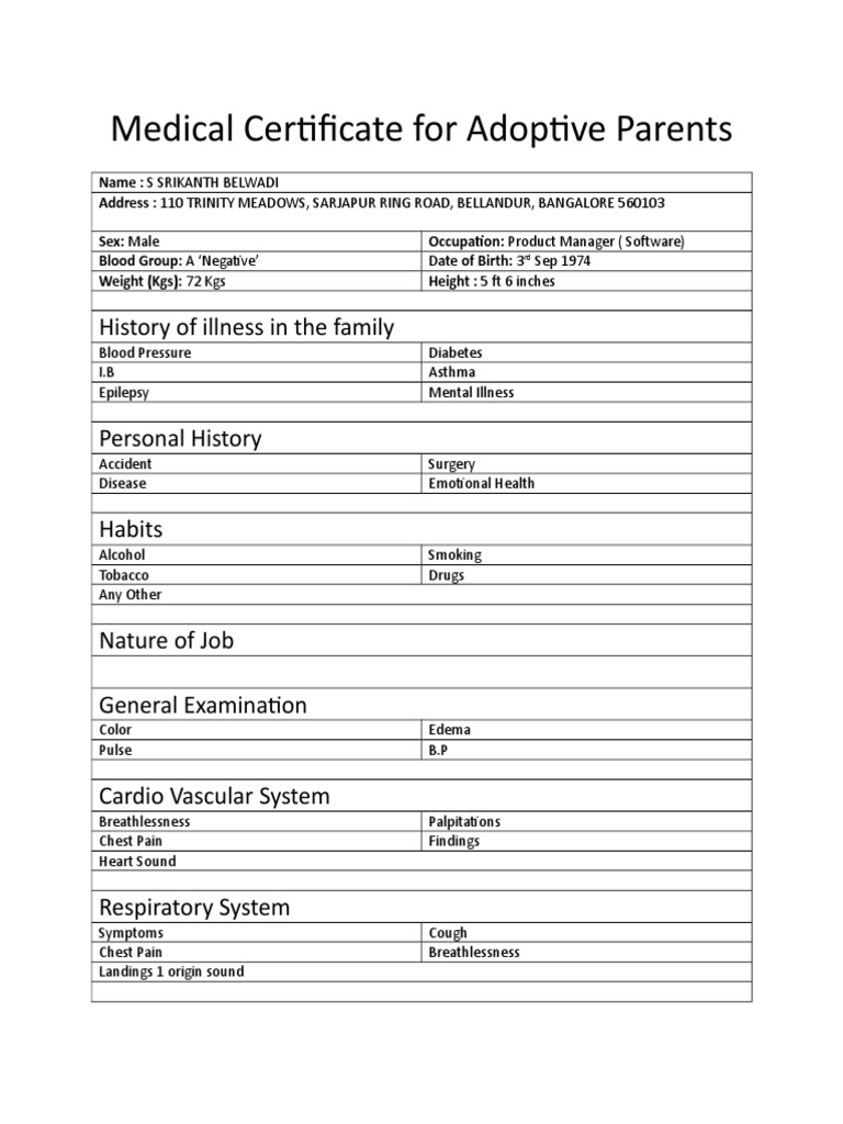 Medical Certificate For Adoptive Parents PDF