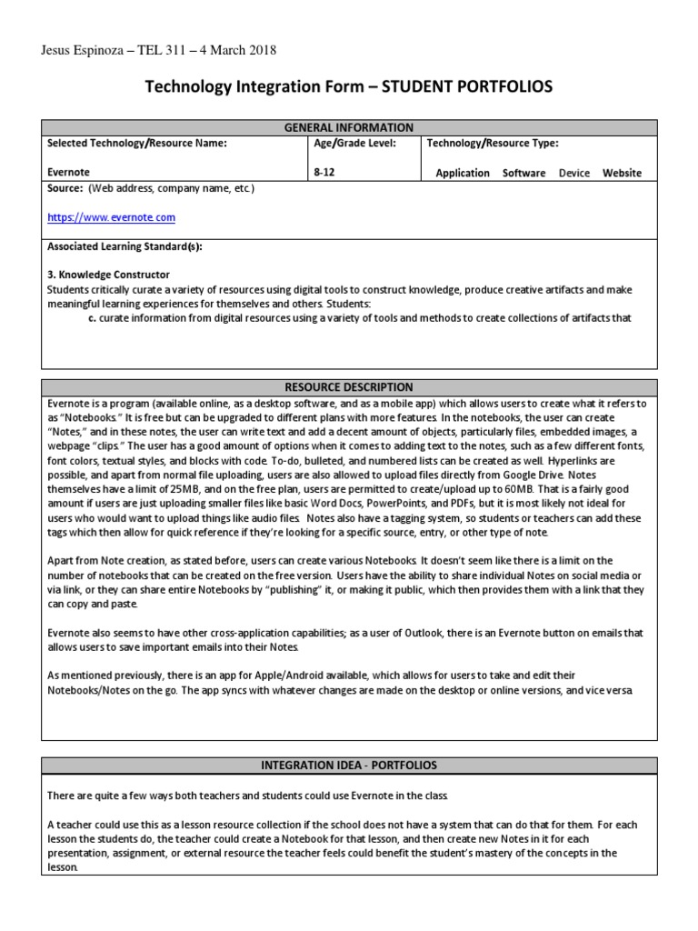 Technology Integration - Portfolio | PDF | Evernote | Digital Technology