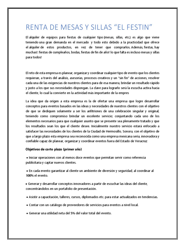 Renta de Sillas y Mesas El Festin PDF Mercado (economía) Cliente