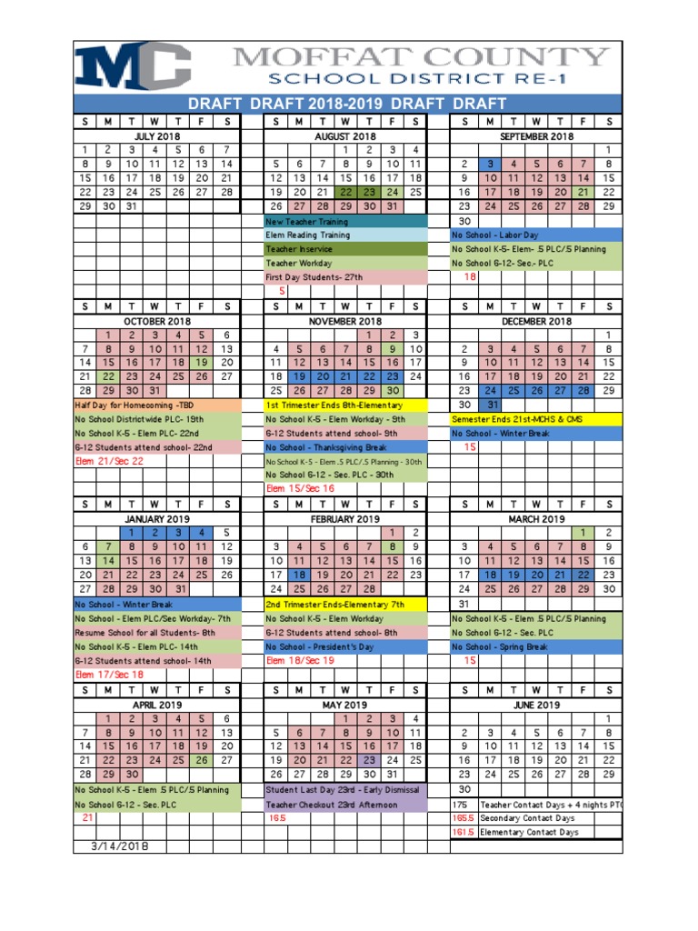 Moffat County School District 201819 Academic Calendar Schools