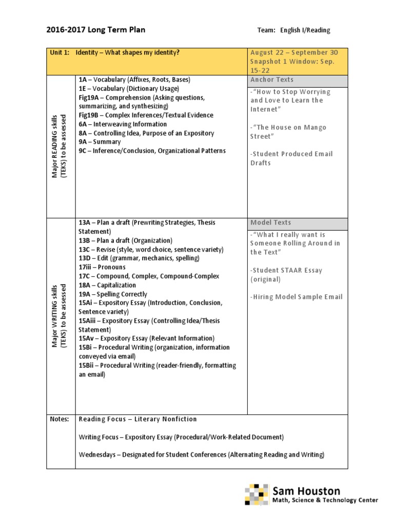 2016-2017 English I Long Term Plan | PDF | Essays | Reading Comprehension