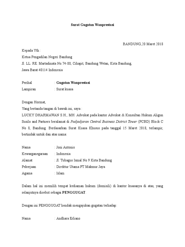 Download 61+ Contoh Surat Gugatan Wanprestasi Terbaik Dan Terbaru