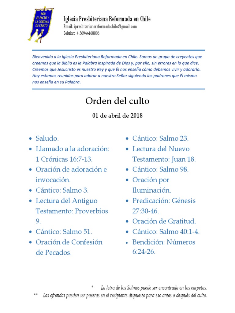 2018 04 01 Orden Del Culto